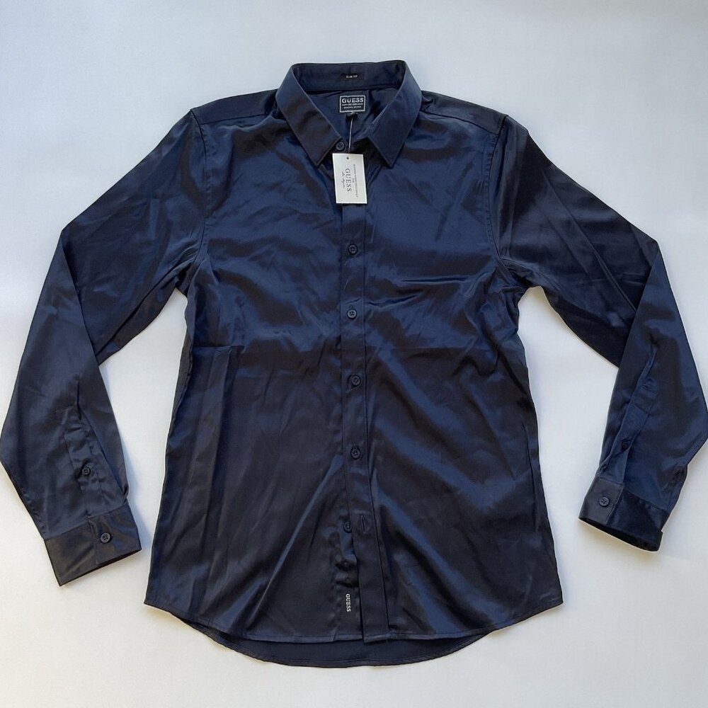 Guess Men’s Regal Woven Dress Shirt Slim Fit Long Sleeves In Bright Navy Size M